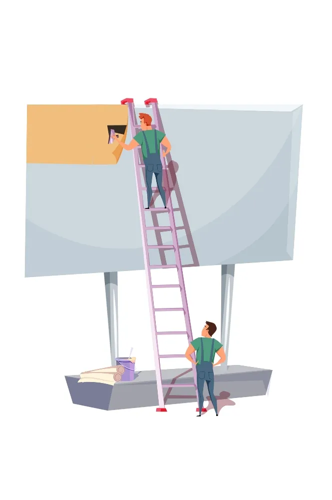 Technicians repairing a large commercial flex board sign in Dubai, using a ladder and construction tools for LED sign board and signage with lights restoration.