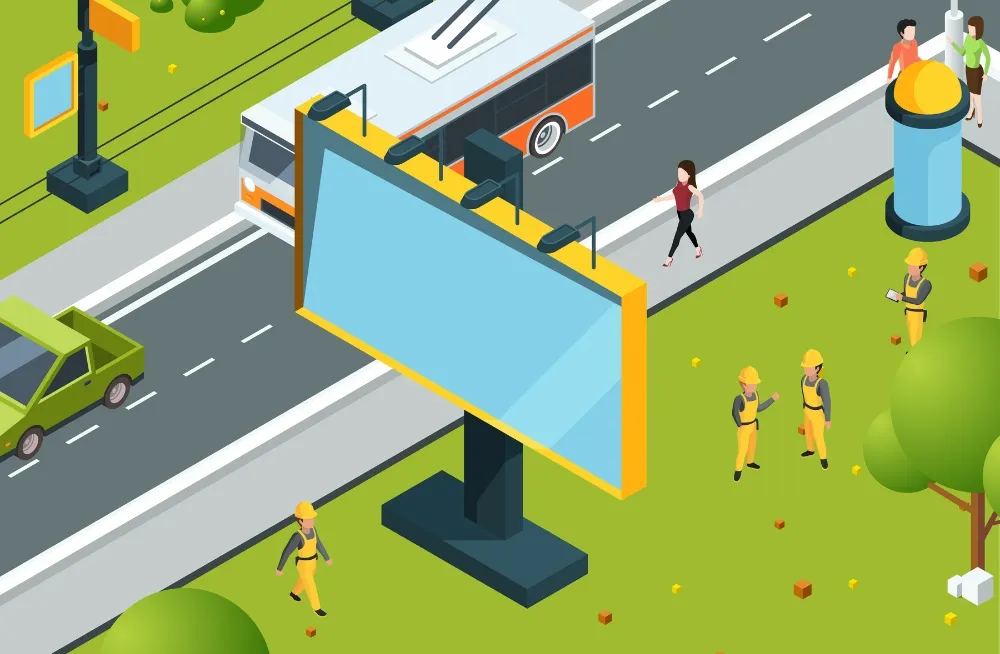 Construction workers and technicians collaborating near a large sign board in Dubai, ensuring professional repairs and maintenance